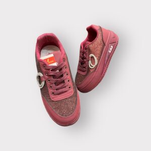 Soft sole classic style girl sneakers in a vibrant red color with a glitter finish and decorative detailing, designed for comfort and style.