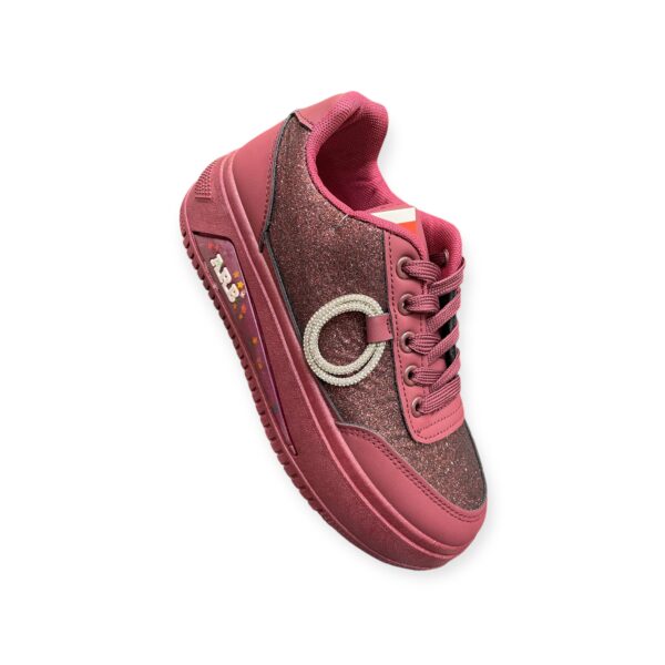 Soft sole classic style girl sneakers in a vibrant red color with a glitter finish and decorative detailing, designed for comfort and style.