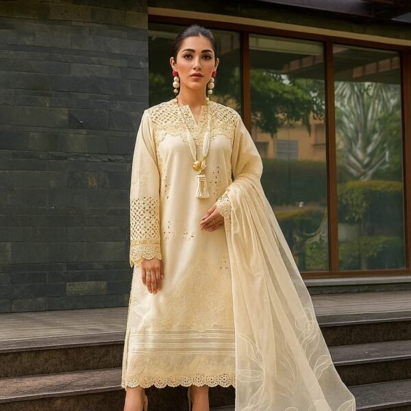 Mushq Luxury Lawn Cream Blush Fully Embroidered